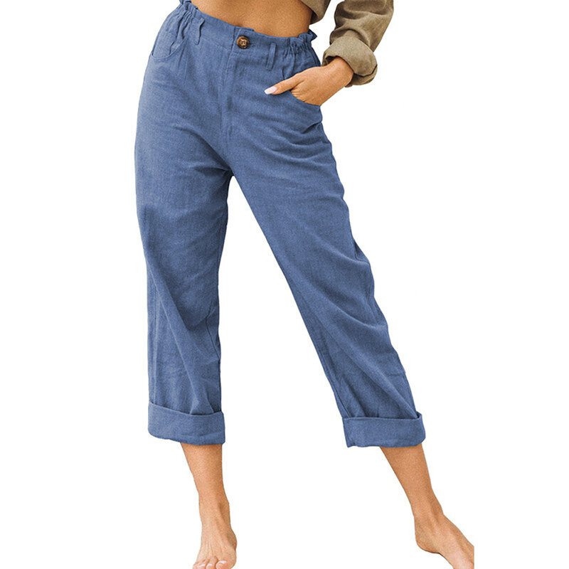 Pantalones informales de algodón y lino, pantalones de Color liso con bolsillo, Color blanco, talla grande