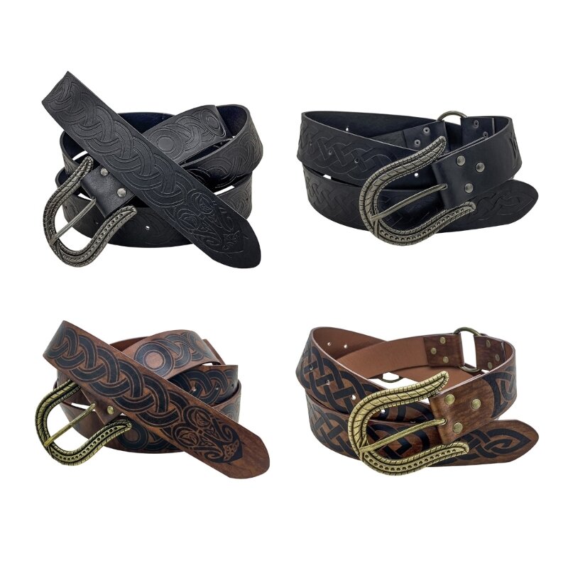 2024 New Mens Viking Embossed PU Belt Medieval Belt Vintage O-Ring Leather Belt  Knot Pattern Belt Renaissance Knight Belt