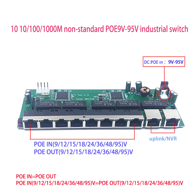 10 1000M gigabit switch Non standar 8POE 9V/12V/15V/18V/36V/48V/96V,2UPLINK Lightning dan perlindungan statis