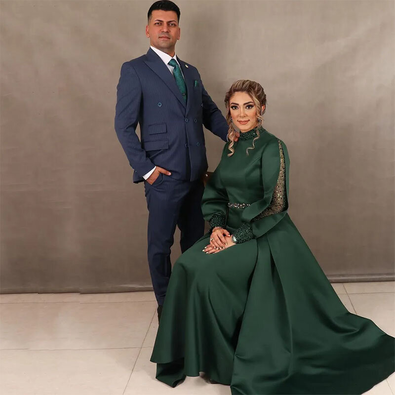 Elegant Dark Green A Line Prom Dresses Beadings Sequins Sleeve Muslim Evening Dress Moroccan Caftan Robes De Soiree