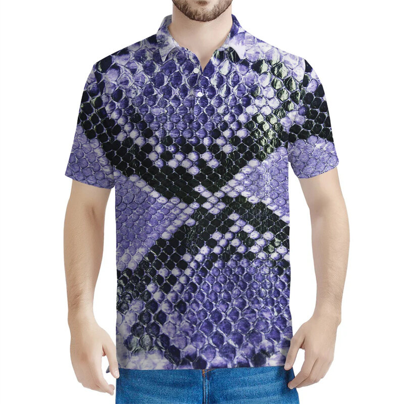 Multi Color Snakeskin Pattern Polo Shirts Men Punk 3D Printed Animal Skin Tees Street Button Polo Shirt  Lapel Short Sleeves