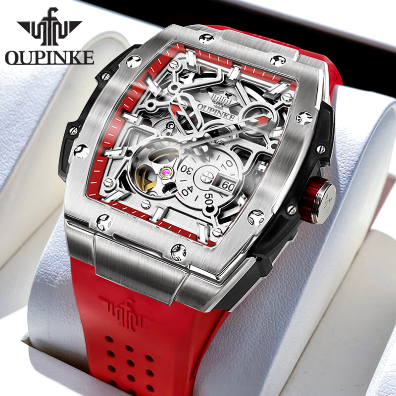 OUPINKE-Esqueleto relógio mecânico automático masculino, relógio de pulso Tonneau impermeável, alta qualidade, Silicone, marca original, luxo