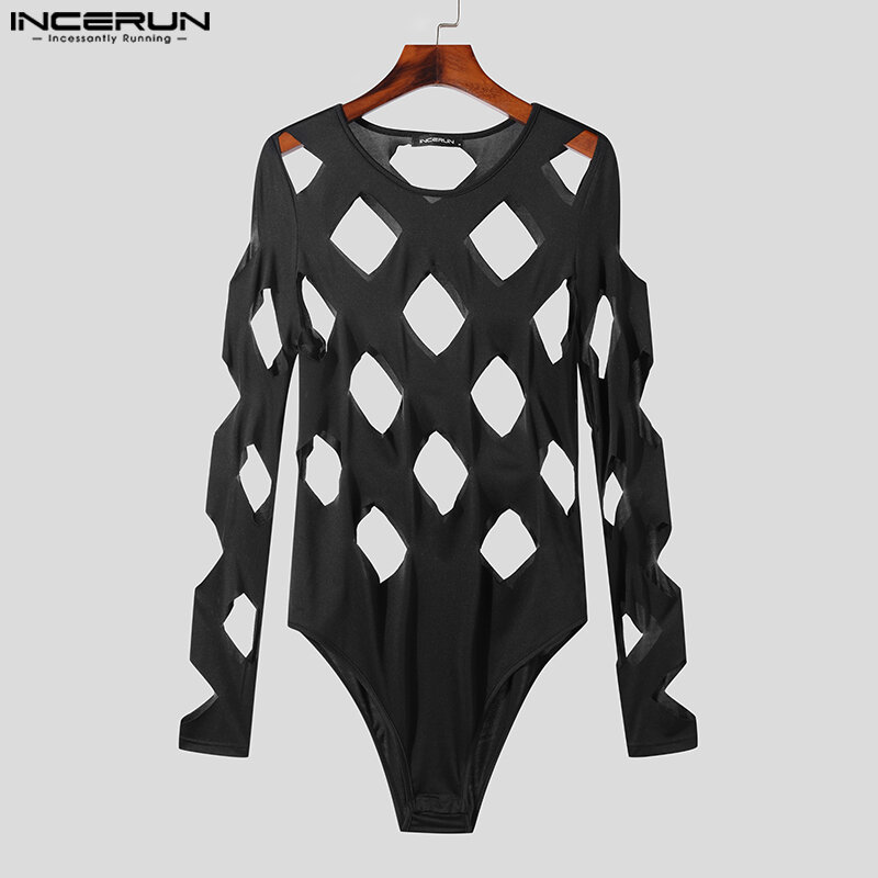 Sexy Fashion Style Men's Bodysuits Hollow Diamond Design Rompers Casual Homewear O-Neck Long Sleeve Jumpsuits S-3XL INCERUN 2023