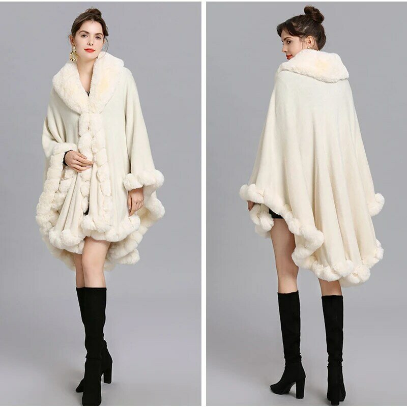 Осенне-зимнее женское пальто с широким отложным воротником, мягкое роскошное пальто из искусственного кроличьего меха, вязаный кардиган, Длинная накидка, шаль, накидка