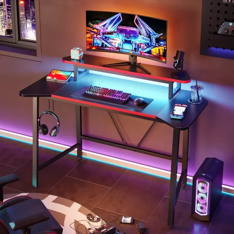 50.3" Gaming Desk Computer Office Table with LED Lights & Monitor Stand, Carbon Fiber Office Desk Office Furniture  Gaming Desk