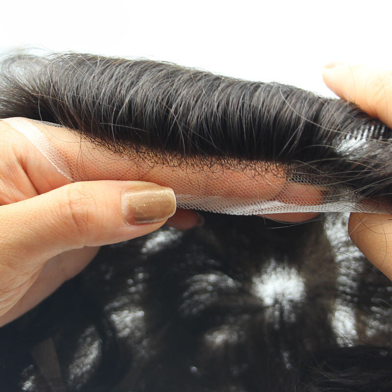 Wig dasar renda Prancis Wig Bone Pria sejuk promesis renda penuh baru 100% Wig simpul diputihkan sistem rambut manusia untuk pria