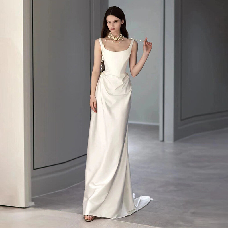 Gaun pengantin ketat seksi 2023 gaun pernikahan untuk wanita gaun pengantin leher perahu tali Spaghetti gaun pengantin Vestido De Noiva