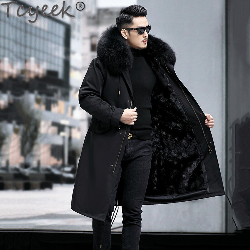 Tcyeek Real Mink Fur Parka Winter Jackets for Men Clothes Fashion Mens Fur Jacket Coat Detachable Fox Fur Collar Зимняя Куртка