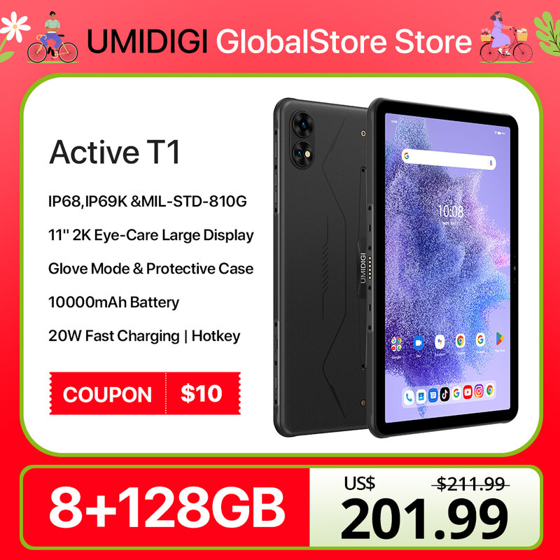 UMIDIGI-Active T1 Smart Tablet Robusto, Estreia Mundial, 11 "2K HD, Android 13, Unisoc T616, 128GB, 10000mAh, Mega Bateria, Desbloqueio Facial AI