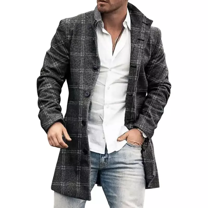 Men Overcoat Plaid Single-breasted Turndown Collar Long Sleeves Slim Mid-length Jacket Coat Warm Pockets Trench Coat