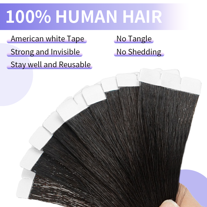 وصلات شعر بشريط مستقيم للنساء ، لحمة جلد ريمي ، غراء لاصق ، أسود طبيعي ، 16-26 بوصة ، لون #1 ، 20: