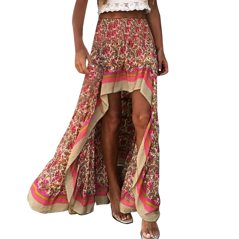 Rok wanita setengah panjang, pakaian wanita motif serbaguna pinggang tinggi Hem tidak beraturan nyaman longgar gaya etnik Retro