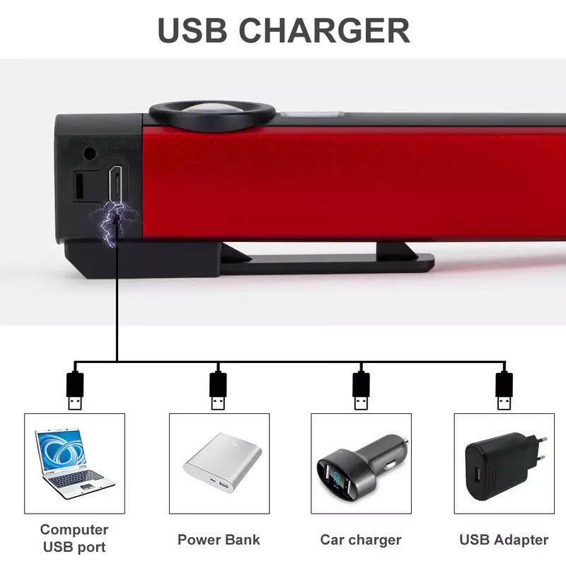 Senter LED COB + multifungsi, Senter berkemah isi ulang USB lampu UV hitam, lentera perbaikan magnetik 4 Mode lampu kerja dengan klip
