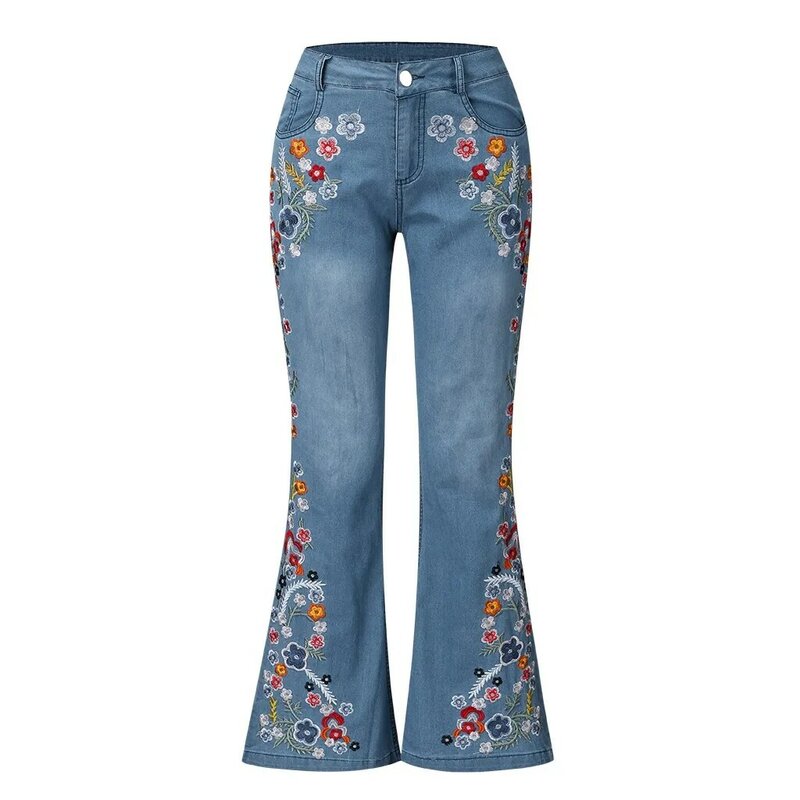女性の花が刺繍されたヴィンテージジーンズ,ハイウエストのパンツ,痩身,ファッショナブルなボタン,デニムパンツ