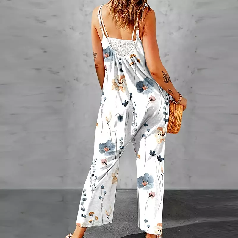 Pantaloni dritti Casual estivi tasche alla moda in generale tuta lunga da donna stampata da spiaggia pagliaccetto senza maniche allentato da donna