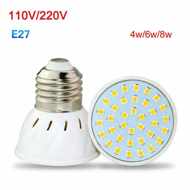 E27 LED lampa diodowa 2835 SMD plastikowy kubek reflektory LED AC/DC 10-30V 110V 220V jasne biała lampa domowy Hotel reflektory 4W 6W 8W