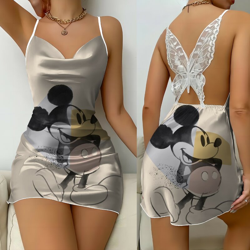 Disney gaun seksi gaun punggung terbuka simpul pita gaun piyama Mickey permukaan Satin rok Minnie Mouse mode Musim Panas 2024 pesta Mini