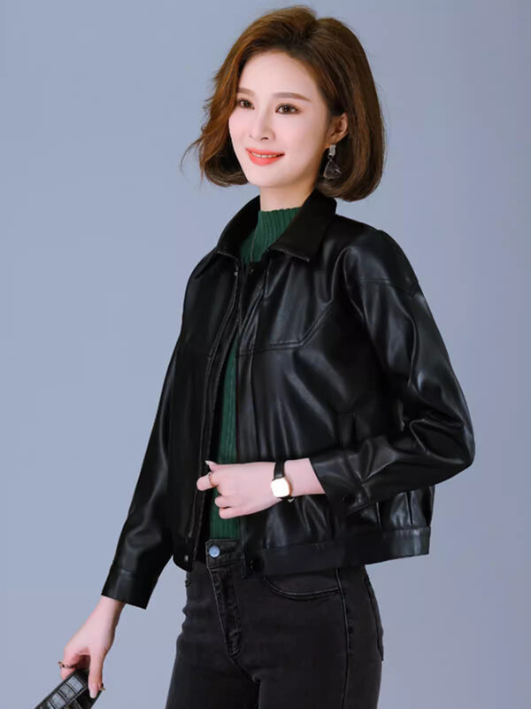 New Women Spring Autumn Leather Jacket Casual Long Sleeve Slim Short Sheepskin Coat Fashion Plus Size Split Leather Biker Coat