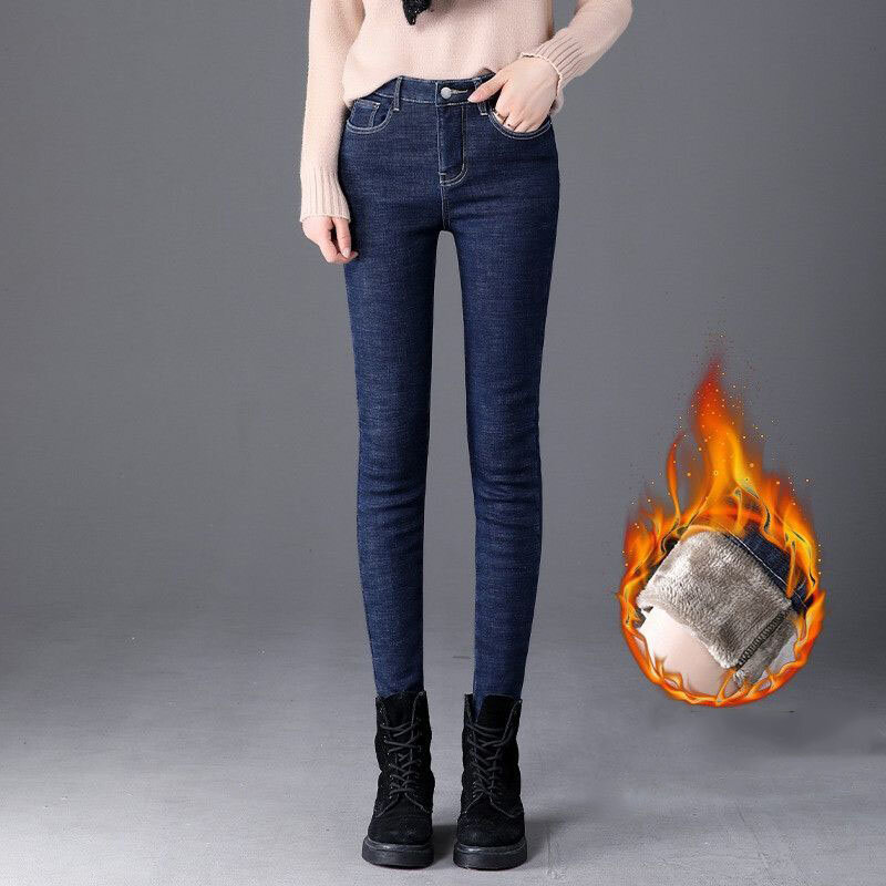 Jeans oversize Slim foderati in velluto pantaloni a matita inverno donna pantaloni elasticizzati in peluche Vaqueros vita media addensare Denim caldo Spodnie