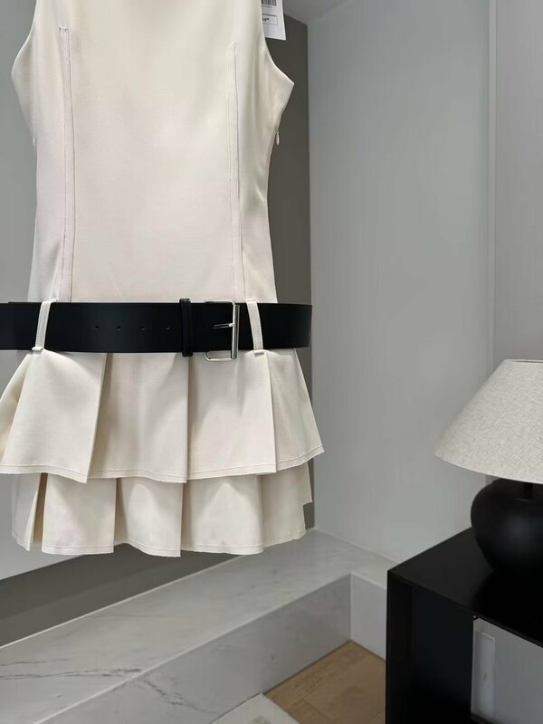 Новый элегантный широкий плиссированный комбинезон с поясом, стильное платье