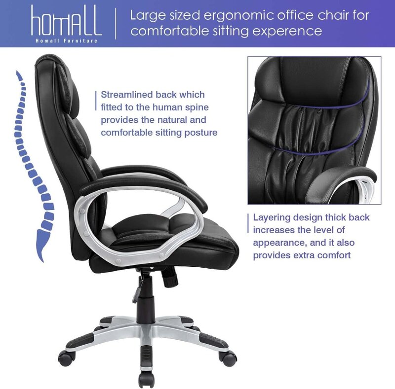 Homall 사무실 의자, 높은 등받이 컴퓨터 책상 의자, PU 가죽, 높이 조절 가능, 패딩 포함 모던 이그제큐티브 회전 작업 의자