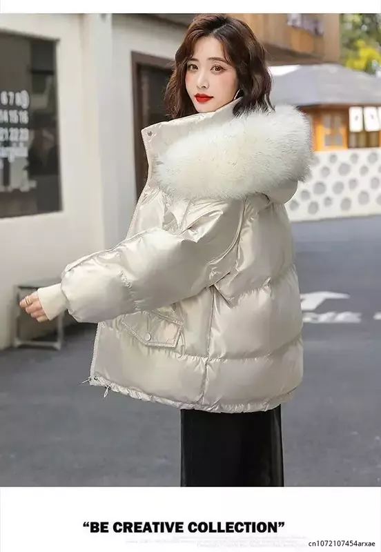 겨울 다운 재킷 파카, 여성용 다운 코트, 모피 칼라, 후드 스팽글 재킷, 여성용 겉옷, 따뜻한 실버