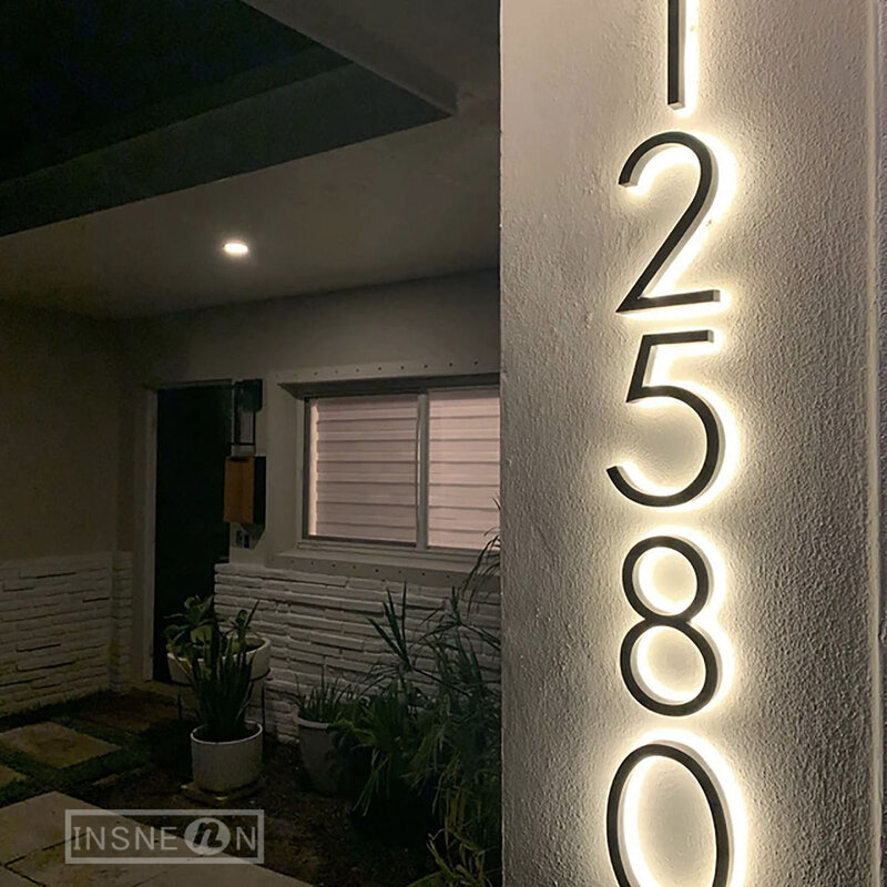 Edelstahl leuchtende Buchstaben Metall Hausnummer hinter leuchtete Zeichen im Freien wasserdichte Wand Docor Tür platten