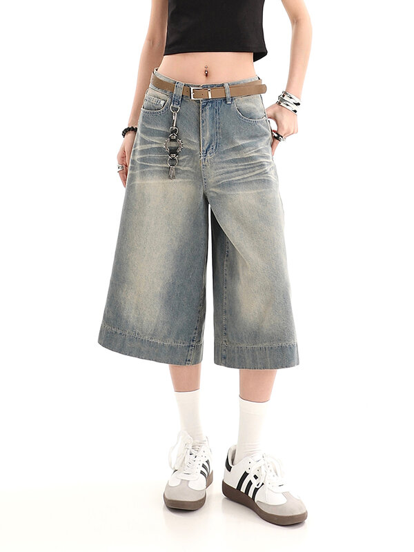 Shorts retrô baggy para mulheres, streetwear americano, perna larga casual, calças soltas, jeans cropped, Y2k