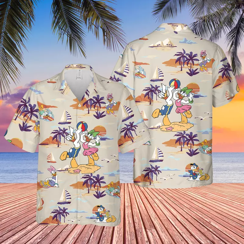 قميص هاواي البطة للرجال ، قمم قصيرة الأكمام ، زر أسفل ، ديزني ، الشاطئ ، عارضة ، خمر