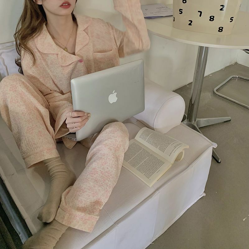Pijama femenino de manga larga con bolsillos, ropa de dormir bonita, se puede usar fuera, avanzado estilo, pago de primavera y otoño, nuevo