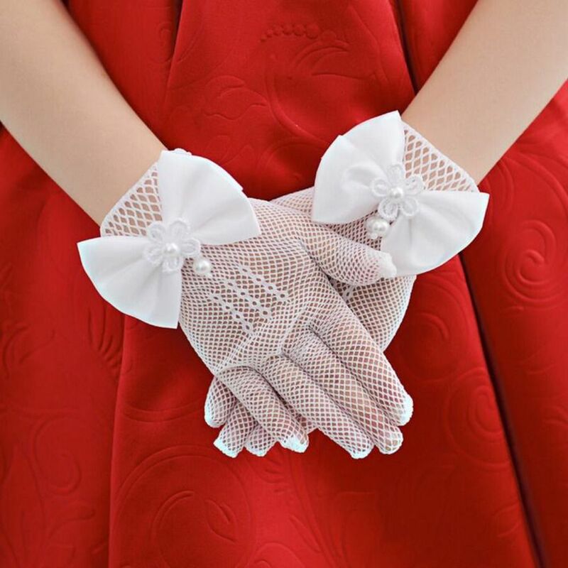 Guanti da sposa per bambini con nodo a fiocco guanti da abito con etichetta corta sottile guanti in rete di pizzo guanti da festa di compleanno per principessa di festa