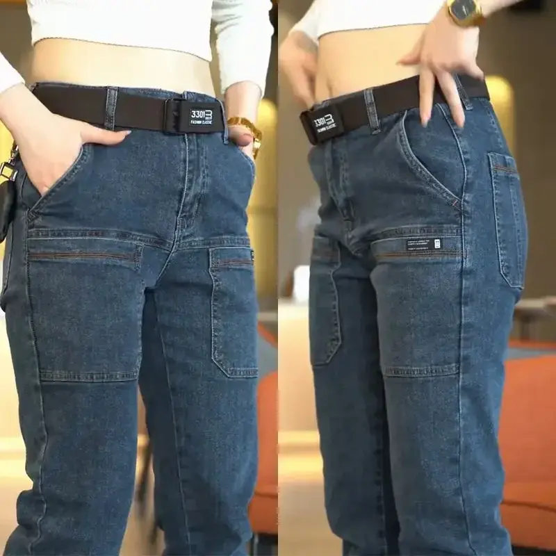 Koreański męskie dżinsy w rozmiarze Skinny Y2k Vintage niebieskie kieszenie spodnie dżinsowe działa casualowe w stylu Streetwear dżinsy spodnie męskie odzież nowość