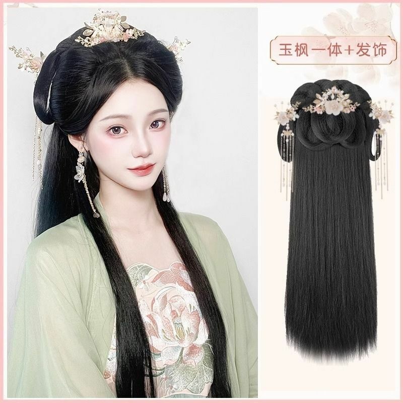 Chinese Ancient Wig Women Hanfu Wigs Headdress Photography Dance Accessory Wigs Black For Women Integrated Hair bun High tem