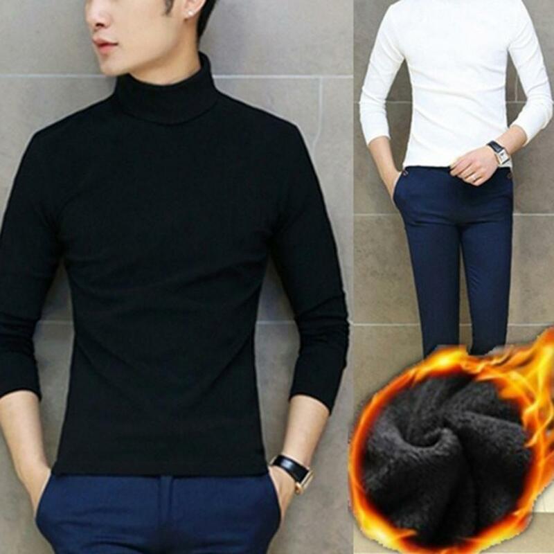 Winter Men Base Top Solid Color Long Sleeves High Collar Pullover Soft Keep Warm Casual Simple Plush Men Shirt for Daily Wear