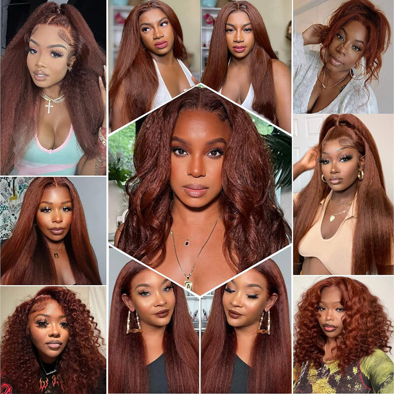 Wig rambut manusia lurus Kinky warna coklat kemerahan 13x6 HD Wig depan renda sebelum dipetik Indian Yaki lurus coklat renda Frontal 180%