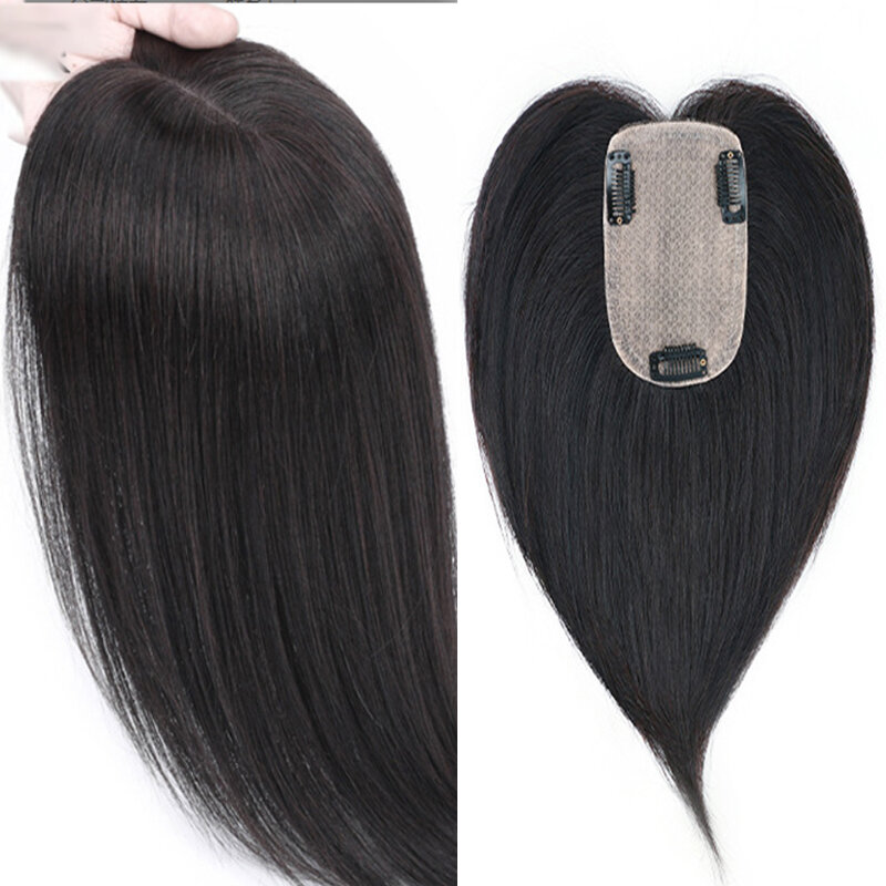 Natural Black Silk Base Human Hair Breathable Topper with 4 Clip In Malaysian Virgin Hair 5"X7" for Women Fine Hairpiece
