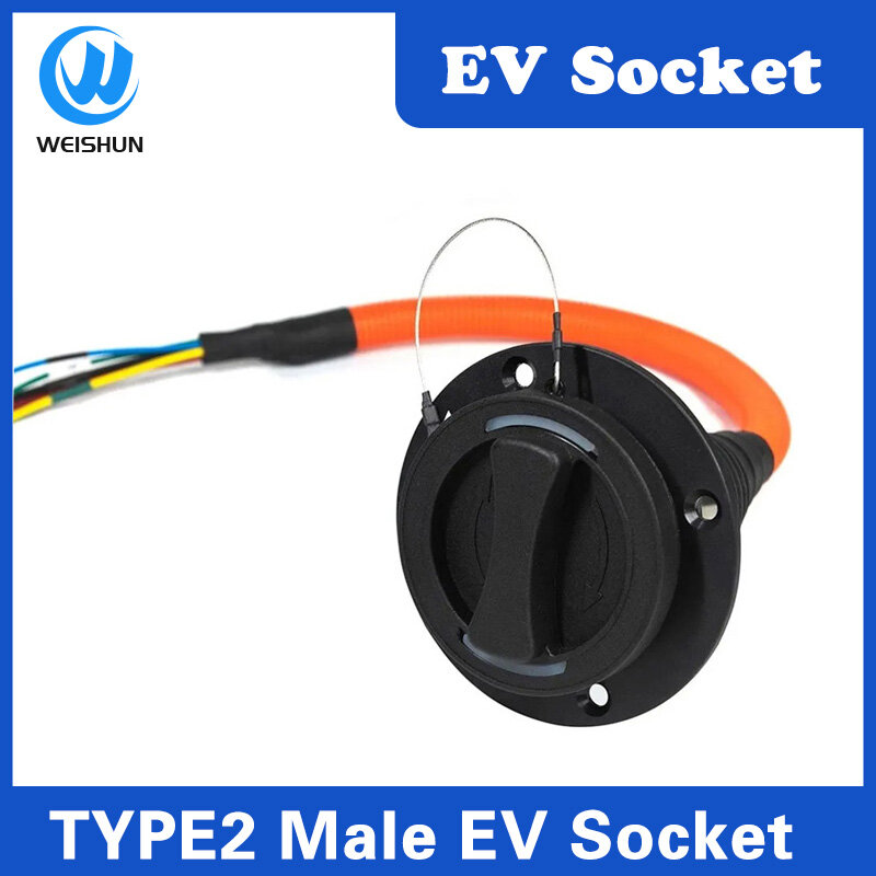 Soquete macho com cabo para veículo elétrico, carregador lateral do carro, soquete EV, tipo 2, IEC 62196, EVSE, tipo 2, 16A, 32A, 0,5 m
