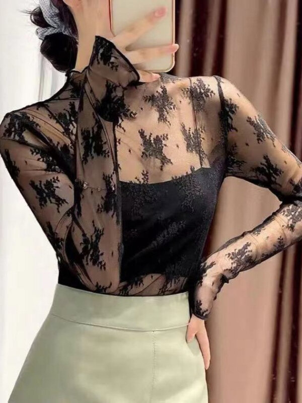 Blusa de malla transparente con bordado Floral para mujer, camisa Sexy transparente, elegante, color negro, Verano