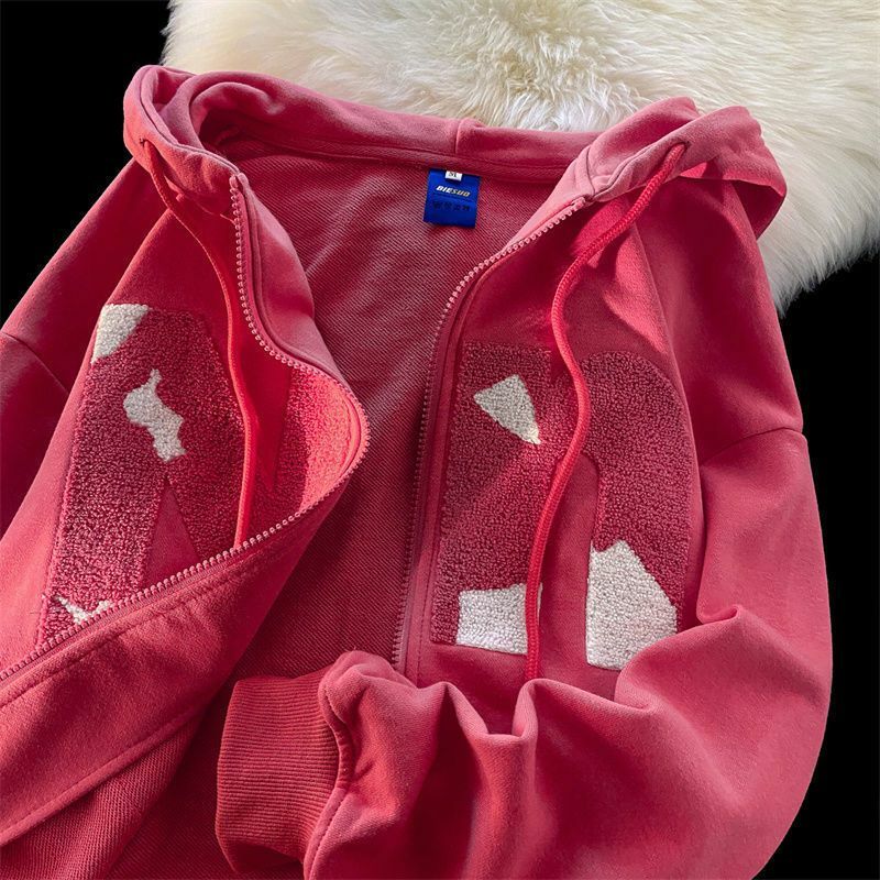 Zip up carta bordado hoodies feminino high street retro solto moletom casual simples fresco jaquetas com capuz roupas masculinas 2022