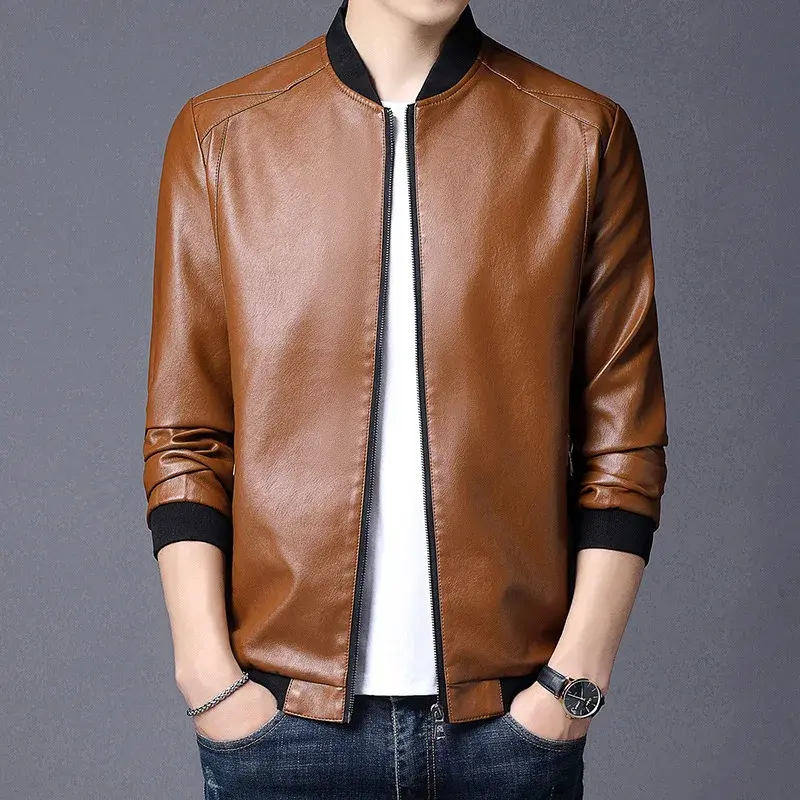 2024 Men Jacket Smooth Faux Leather Spring Jacket Solid Color Elastic Cuff Men Coat Slim Stand Collar Cardigan Jacket Daily Wear