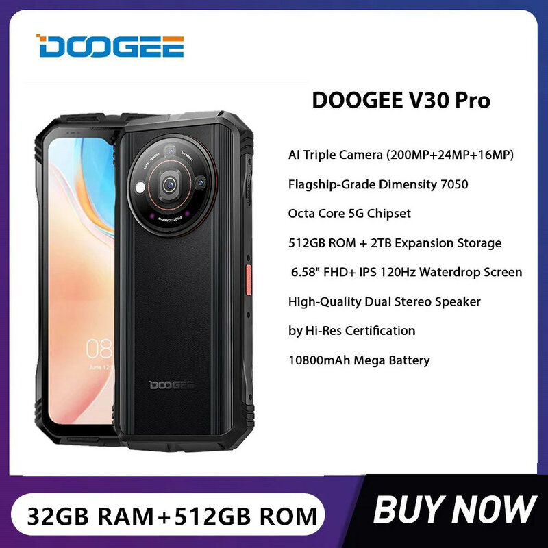 DOOGEE V30 Pro Rugged 5G Smartphone Octa Core 32GB+512GB 200MP Android 13 Cell Phone 6.58Inch FHD 10800mAh 33W Fast Charging NFC