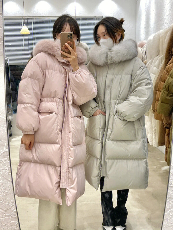 White Duck Down Furry Hooded Long Sleeve Overlength Coat Lady Autumn Winter Thick Warm Down Padded Loose Coat Outwear