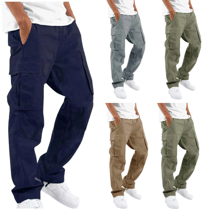 2024 Men's Cotton Loose Sports Trousers for Men  Length Solid Color Loose Multi-pocket Drawstring Pockets Pants Male Cargo Pants