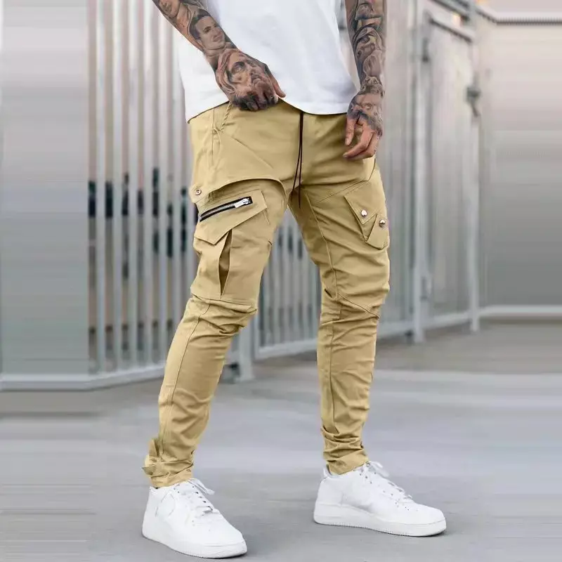 Mens Casual Cargo Pants Woven Multi-pocket Slim Street Style Trousers