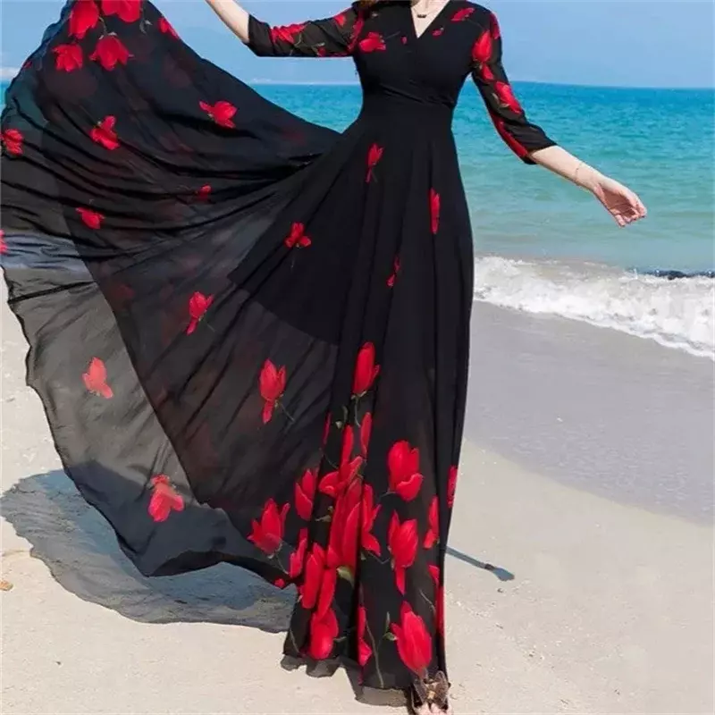 Robe en mousseline de soie imprimée à col en V pour femmes, nouvelle version coréenne sexy, longueur à la taille, tempérament, grande balançoire, mince, jupe longue de plage, été, 2024