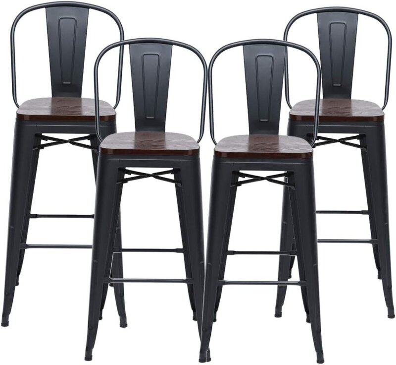 HAOBO Home 24" High Back Barstools Metal Stool with Wooden Seat [Set of 4] Counter Height Bar Stools, Matte Black