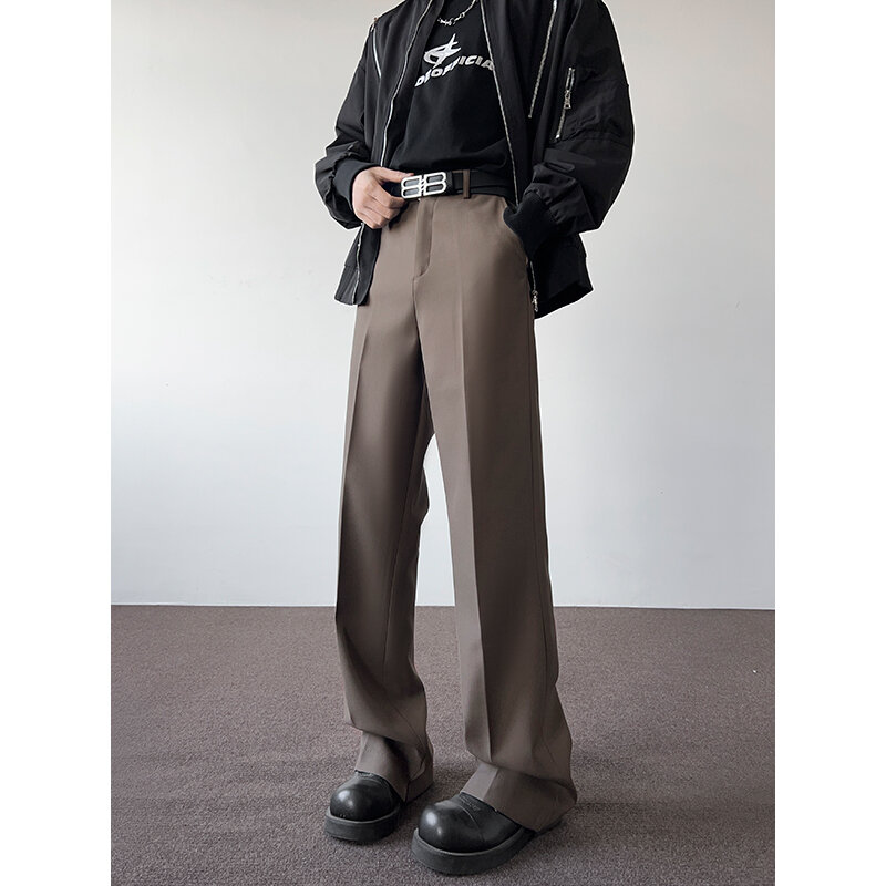 Celana panjang kasual gaya China pria, celana panjang bernapas kaki lurus hitam