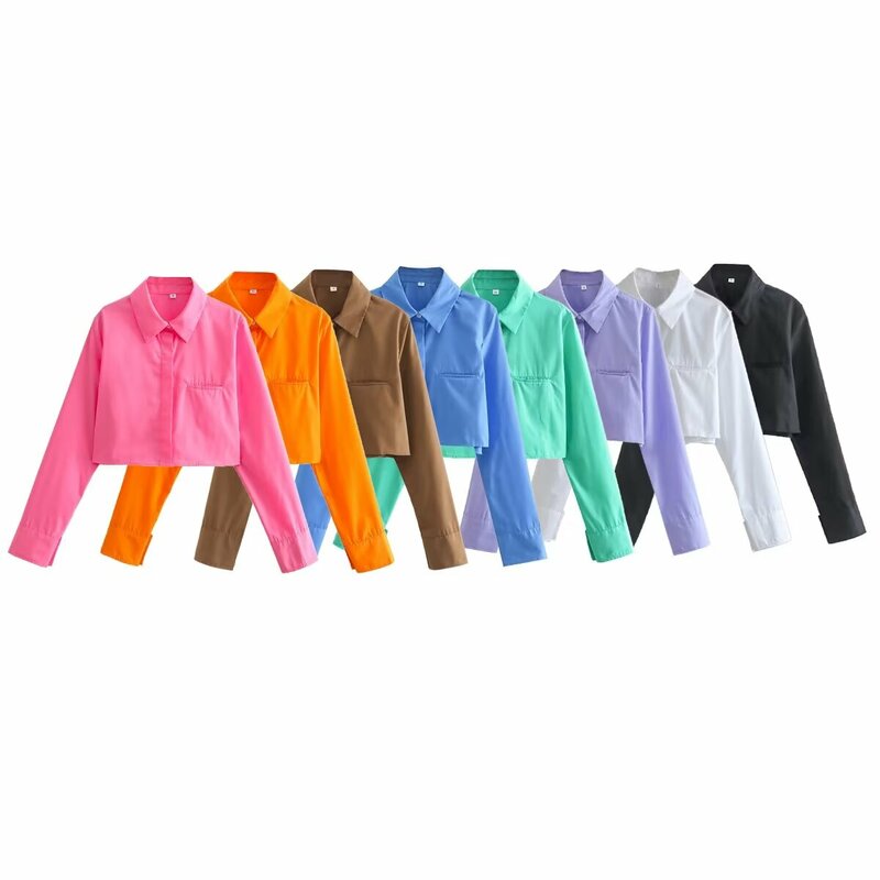 Frauen neue Mode Taschen dekoration vielseitige kurz geschnittene feste lässige Blusen Vintage Langarm Button-up weibliche Hemden schicke Tops