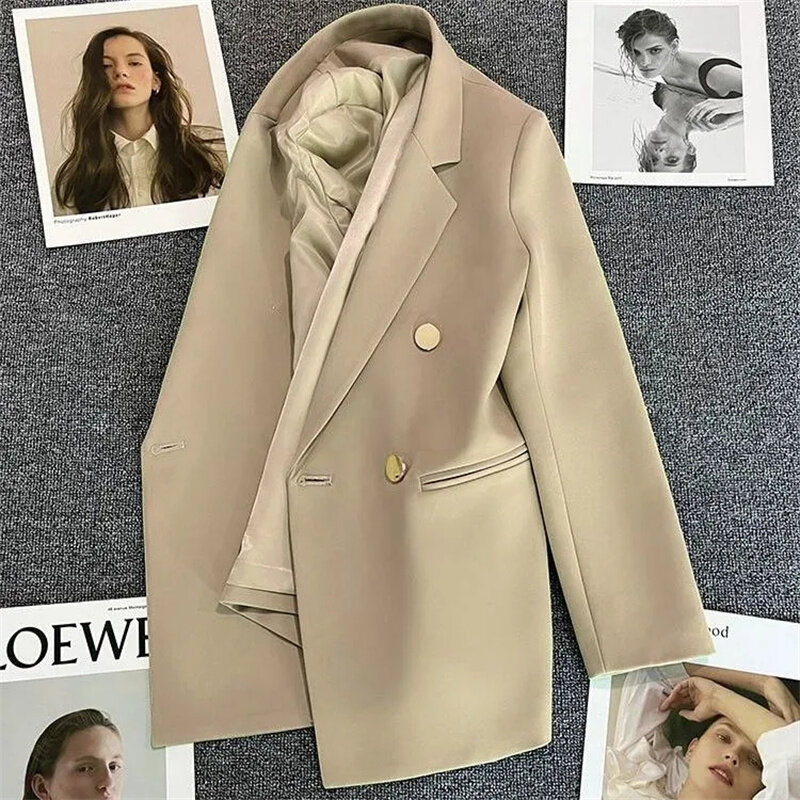 Blazer feminino de manga comprida de botão duplo, desgaste do trabalho das senhoras, casaco formal, outerwear feminino, alta qualidade, primavera, outono