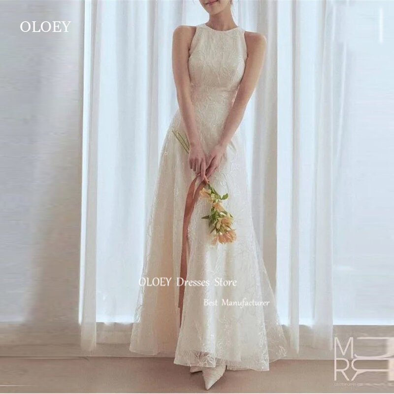Oloey einfach eine Linie volle Spitze Korea Brautkleider Juwelen hals geteilt knöchel lange Brautkleider Fotoshooting Garten